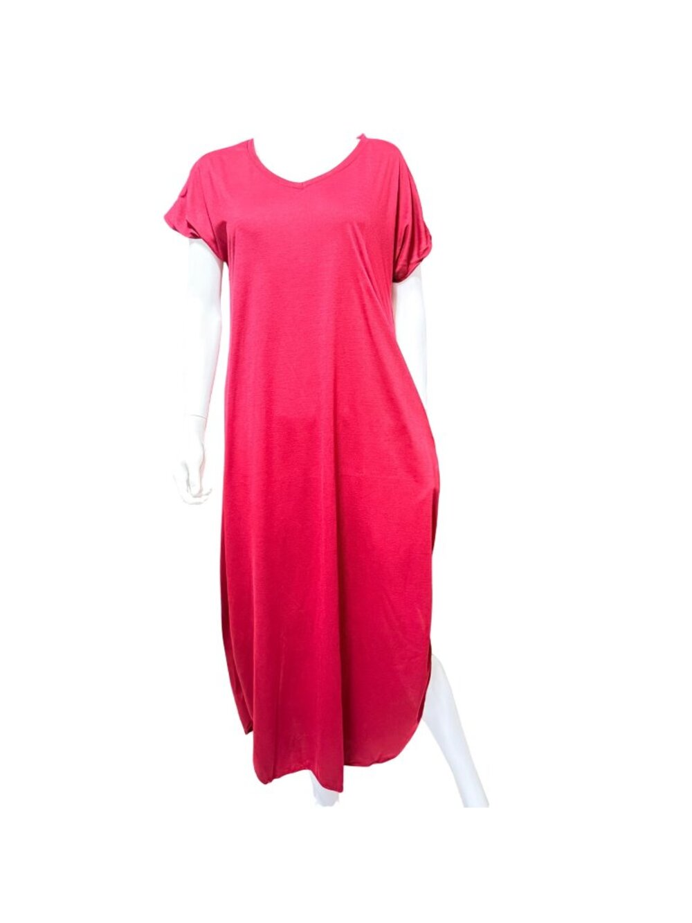 Womens Casual Maxi Dress 3XL Maroon Cotton Blend Short Sleeve Pockets Side Slit
